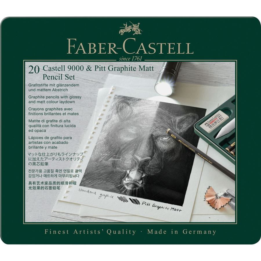 Faber-Castell Pitt Graphite Matt & Castell 9000 Graphit-Set, 14B–B, Metalletui – 20-teilig