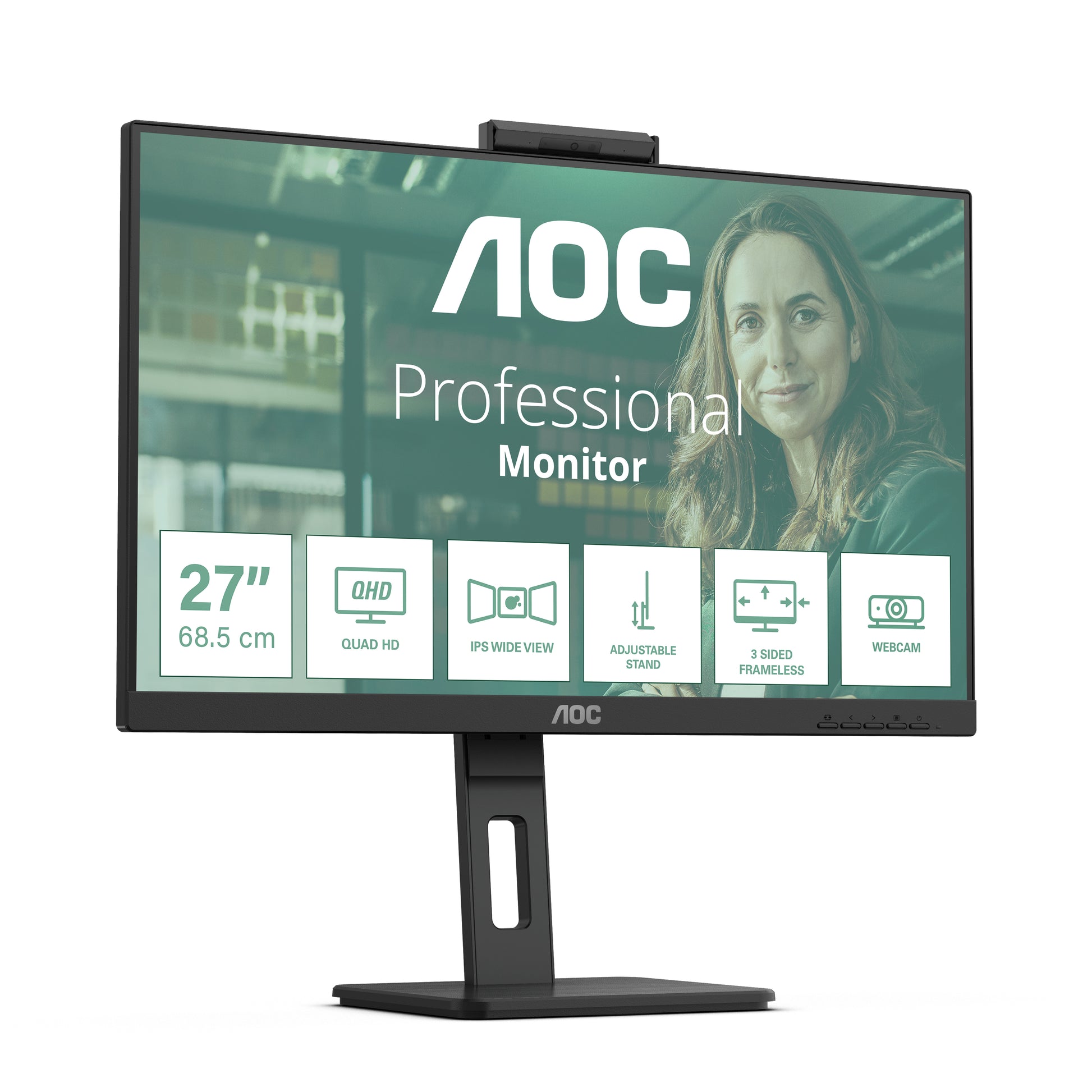 AOC Monitor, 27", 2560 × 1440 (WQHD), IPS, 75 Hz, 350 cd/m², Webcam, 4× USB 3.0, VESA 100 × 100, Schwarz