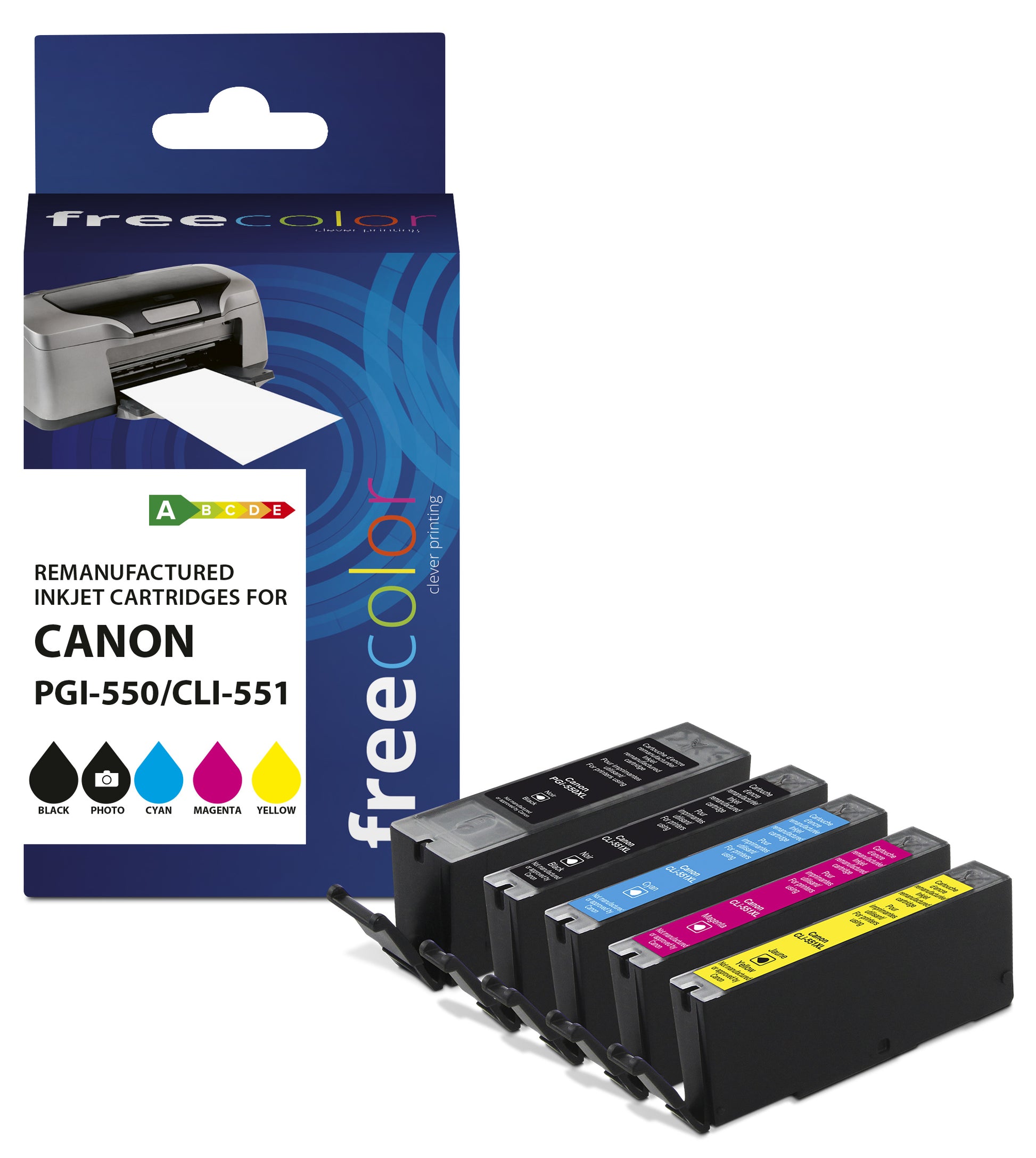 Freecolor CLI550/551XL Tintenpatronen-Multipack, Schwarz/Cyan/Magenta/Gelb (Kompatibel) – für Canon MG 5400