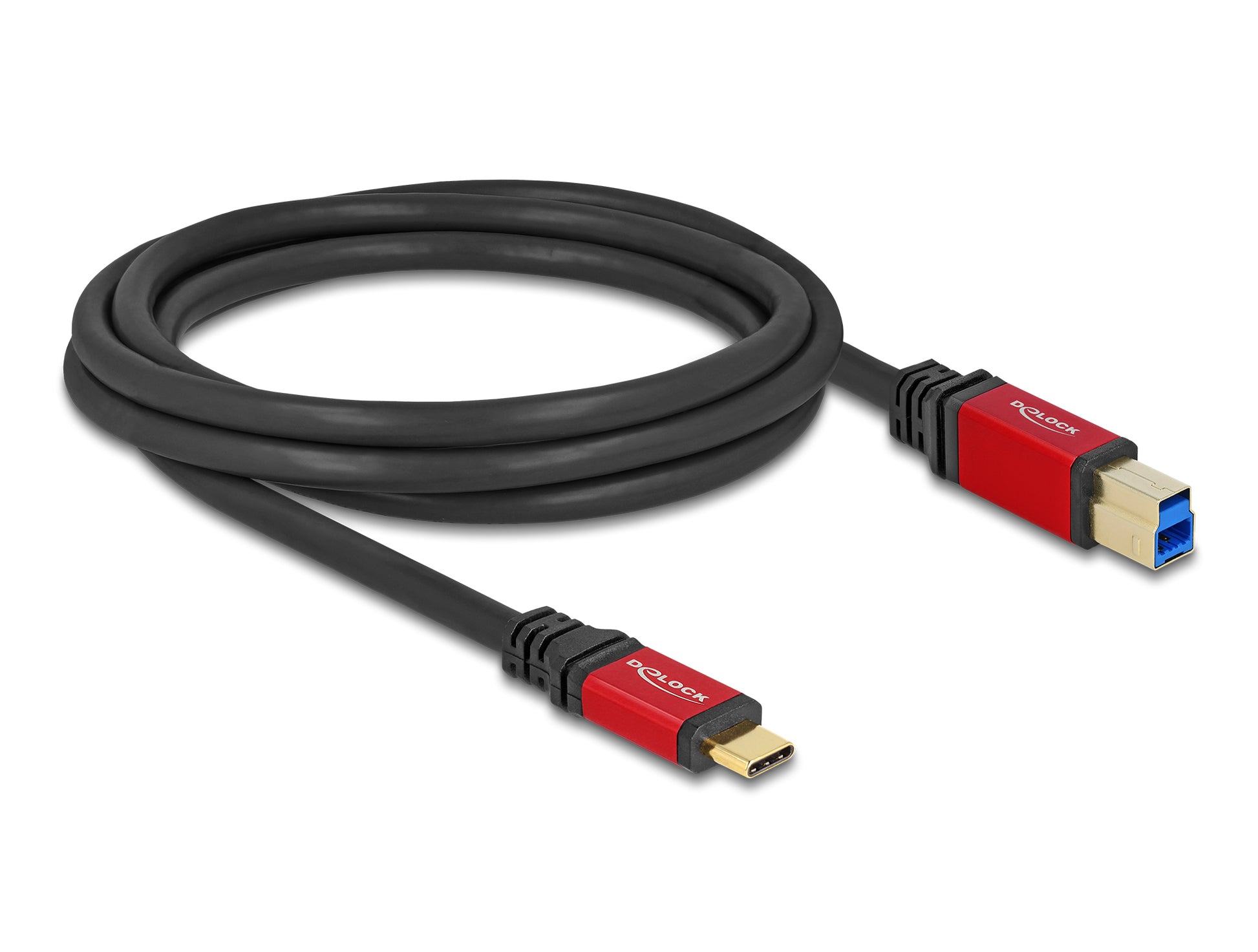 DeLOCK USB-C auf USB-B Kabel – USB 3.2 Gen 1 (5 Gbit/s) – 2 m – Goldstecker, Extrem flexibel – Schwarz/Rot