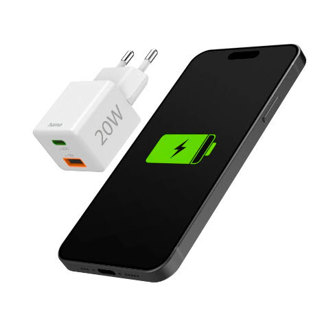 Hama 00201991 USB-Ladegerät 20 W – USB-C×1, USB-A×1 – PD, QC 3.0 – für Kopfhörer, Powerbank u. a. – Weiss