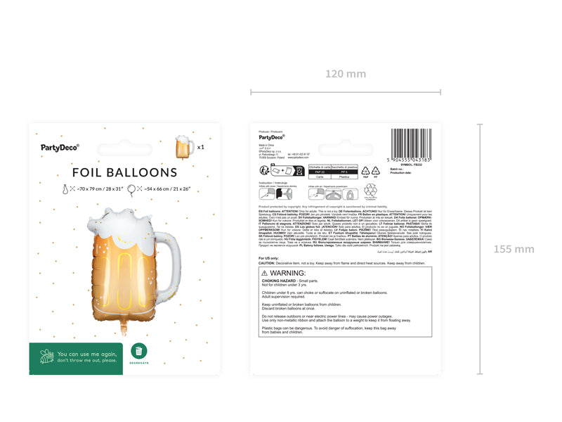 PartyDeco Folienballon Bierkrug – mehrfarbig – 54 × 66 cm – 1 Stk