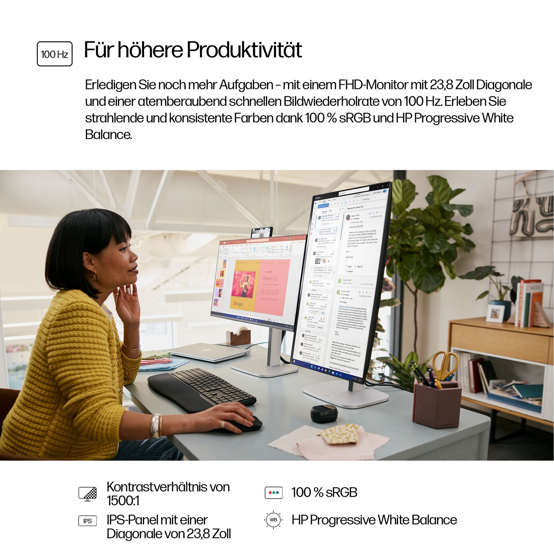HP 524PF – Monitor, 23,8", 1920 × 1080 (Full HD), IPS, 100 Hz, 350 cd/m², HDMI, DisplayPort, USB