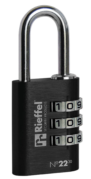 Rieffel Nr. 22 Kombinationsschloss – 3-stellig, Aluminium, Bügelhöhe 27,5 mm, Durchmesser 5,1 mm, Schwarz