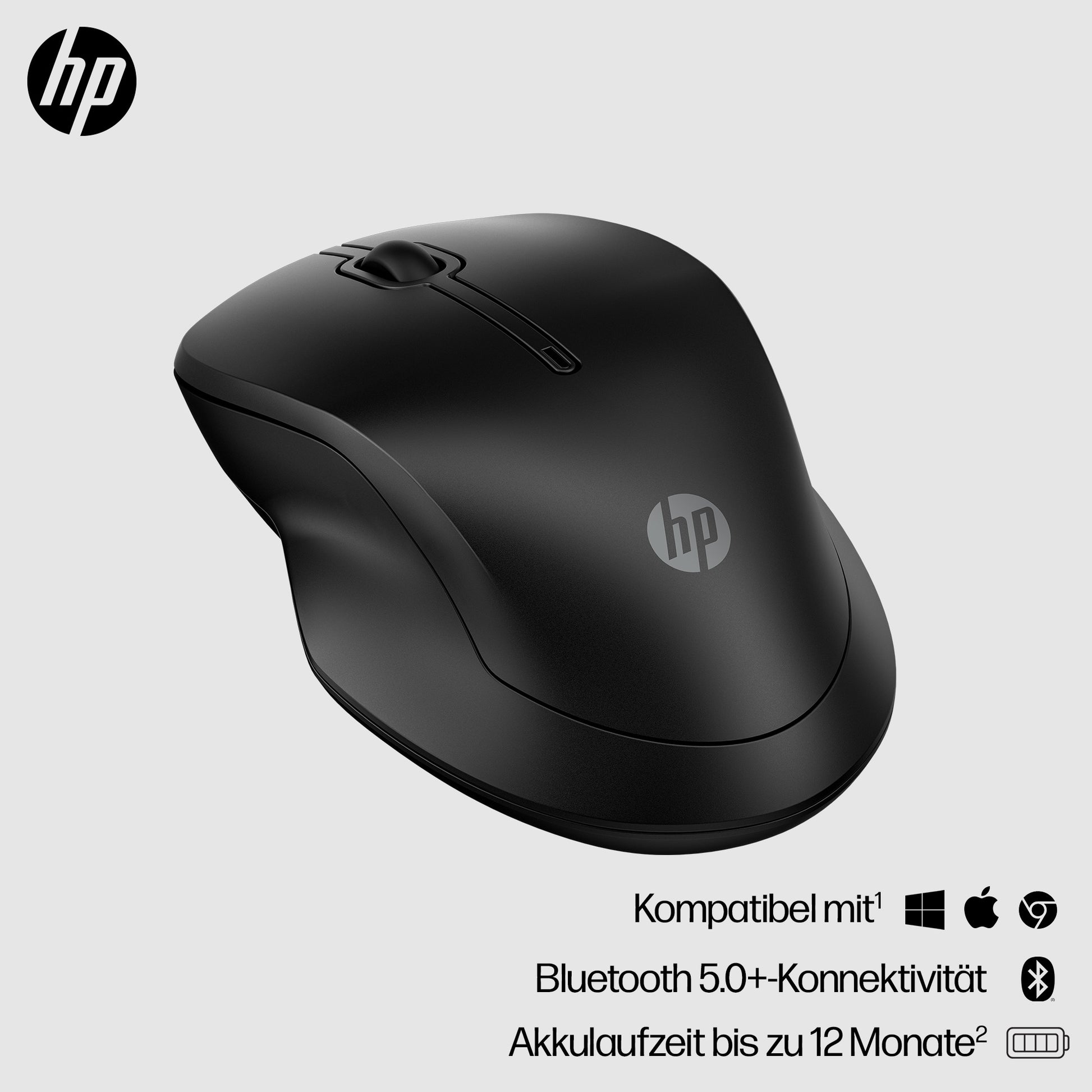 HP 255 – Maus – Kabellos (Bluetooth/2,4 GHz), 1600 DPI, beidhändig, Schwarz