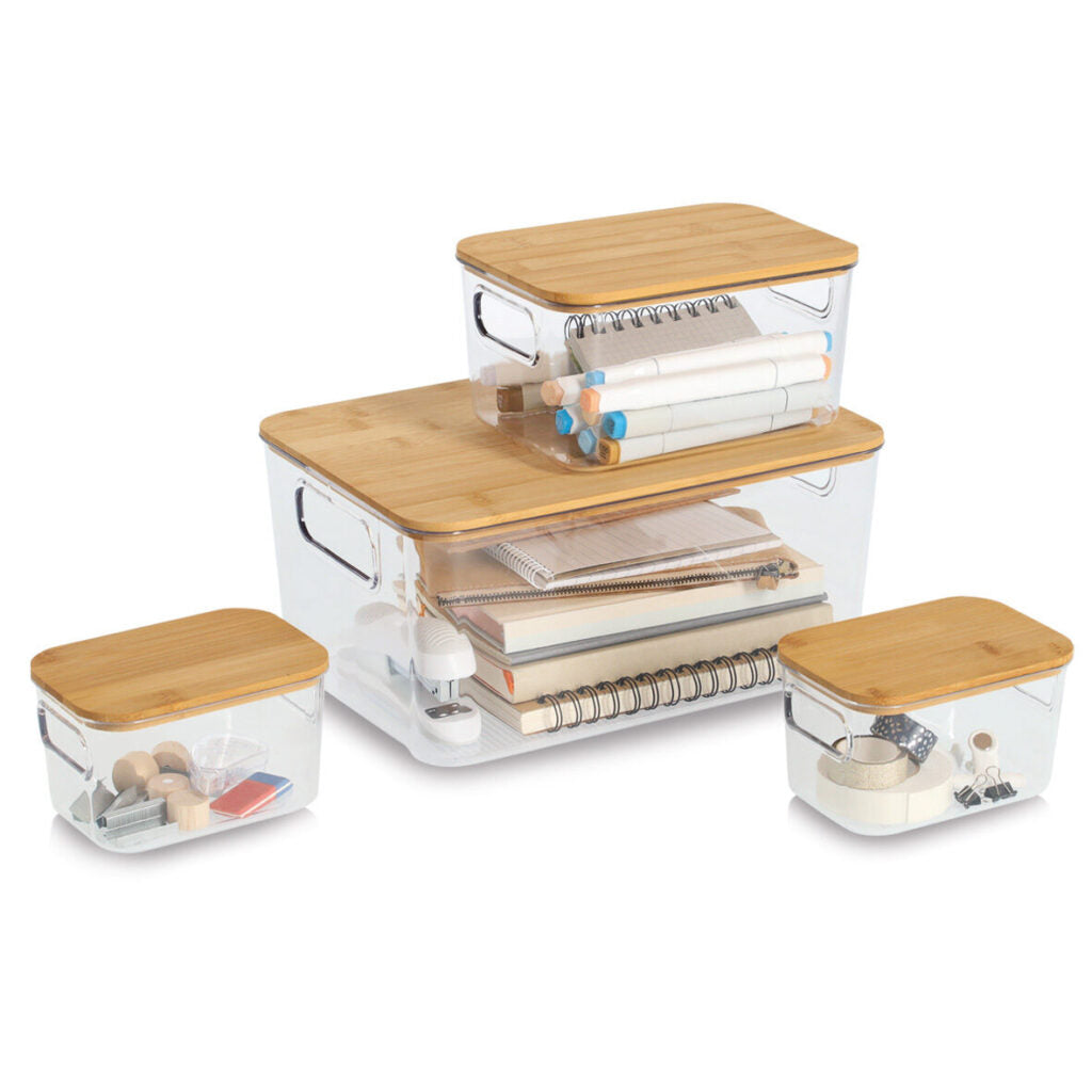 Zeller Present Aufbewahrungsbox (mit Deckel) – Kunststoff/Bambus – transparent/braun – 4-teiliges Set