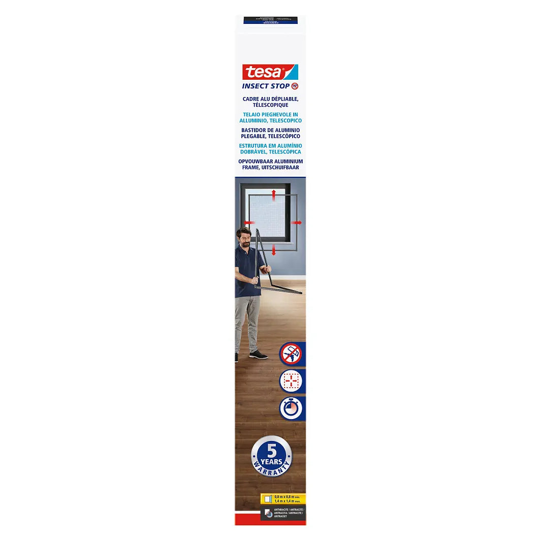 TESA Fenster-Fliegengitter – 140 × 140 cm – Anthrazit – Aluminiumrahmen – faltbar