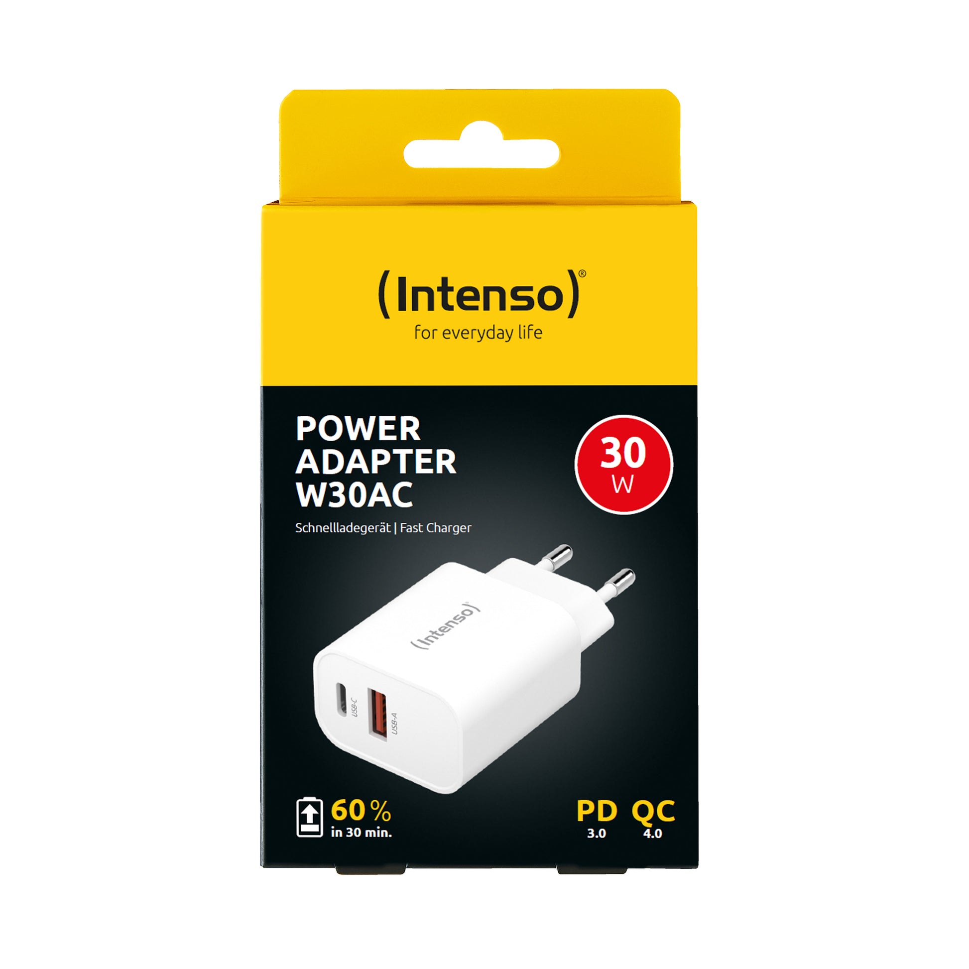 Intenso W30AC USB-Wandladegerät 30 W – USB-C×1, USB-A×1 – PD – EU-Stecker (Typ C) – Weiss