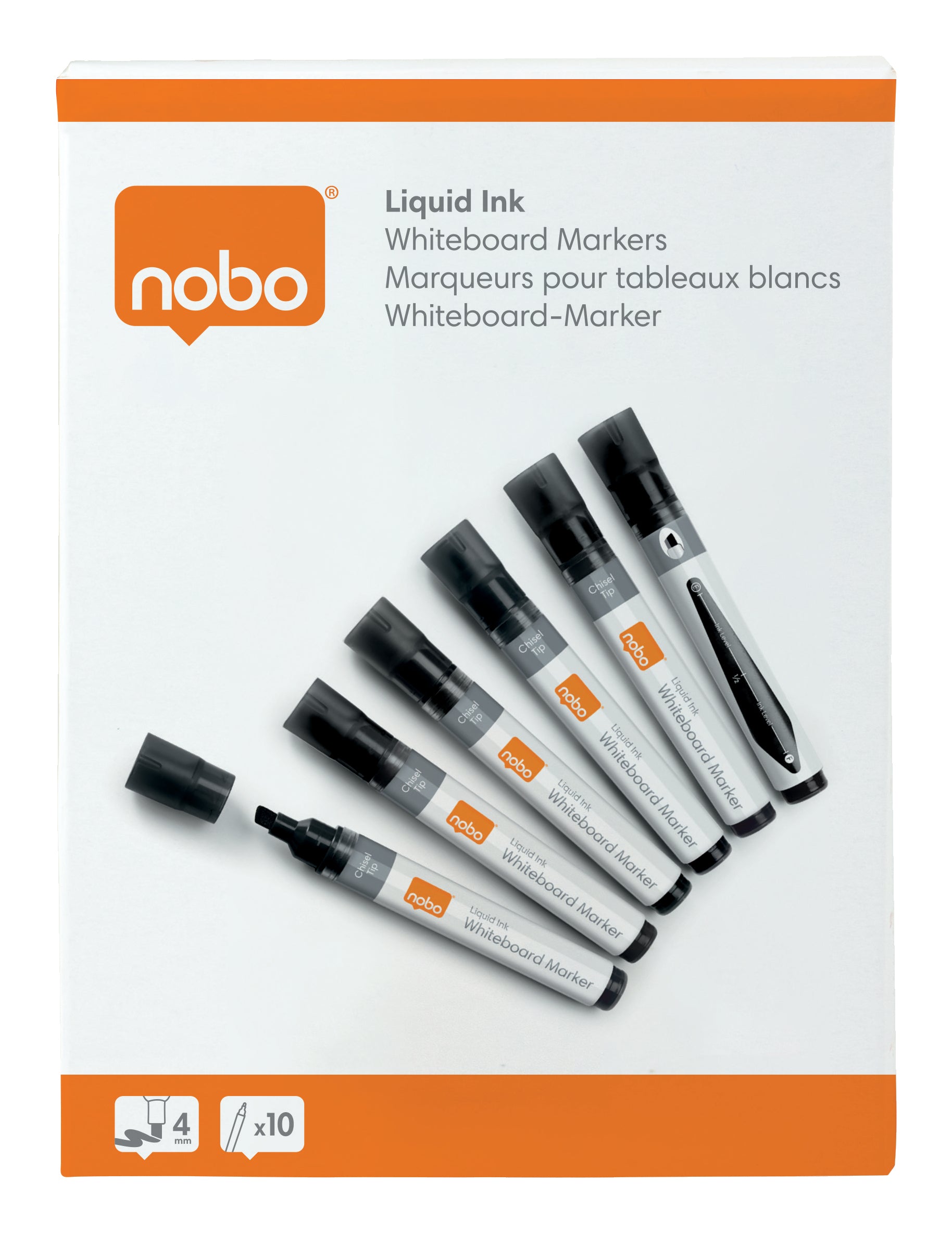 Nobo Whiteboard-Marker – Keilspitze 4 mm, Schwarz, 10 Stk., Trocken abwischbar – Für viele Oberflächen
