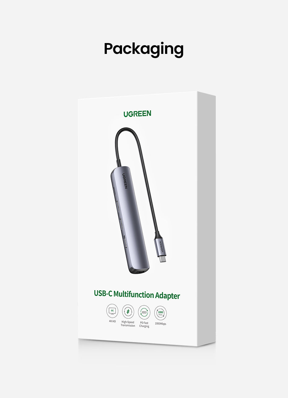 UGREEN 10919 USB-Hub – USB-C, 1× HDMI, 2× USB-A, 100 W PD, GbE, für Windows/Mac/Linux