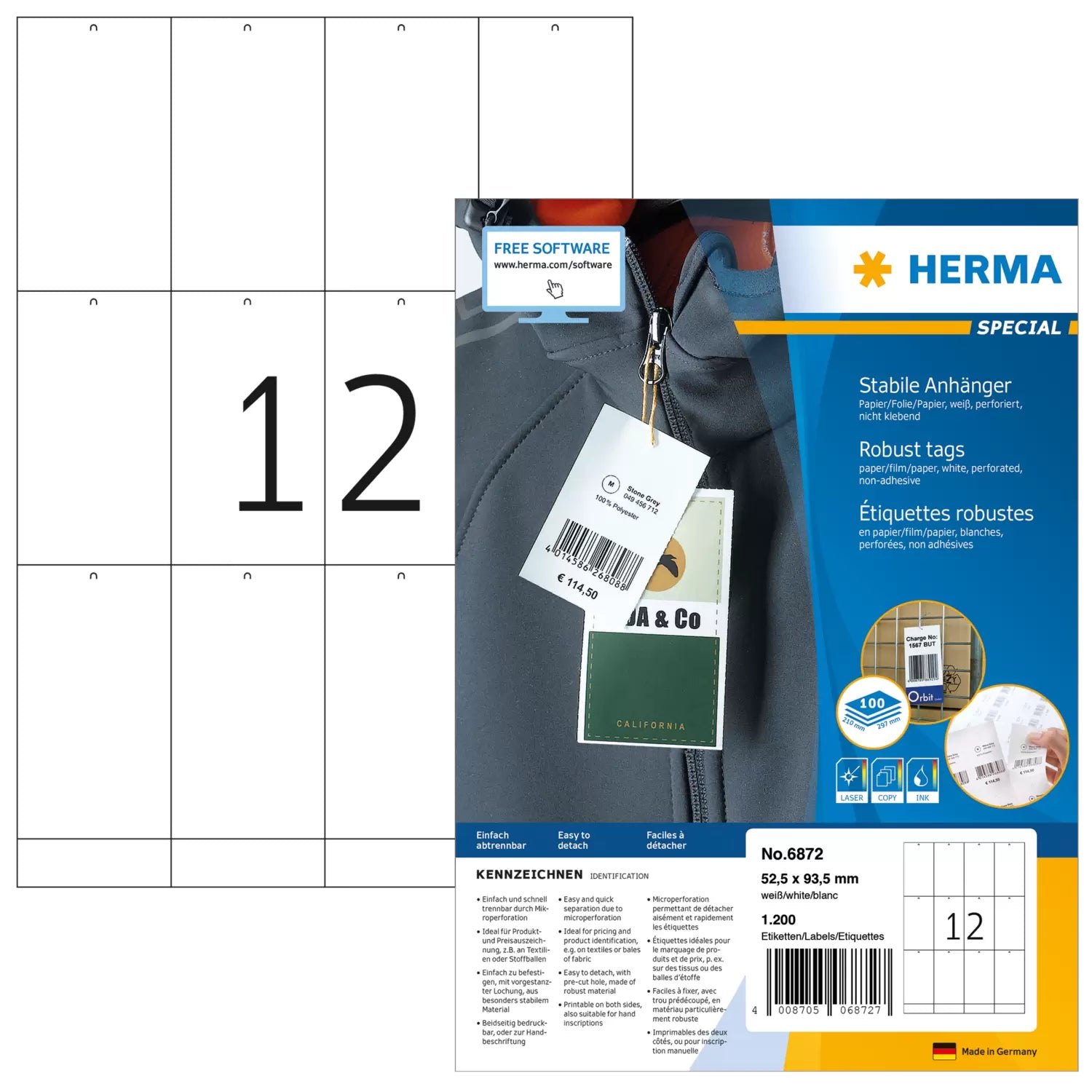 HERMA Schmucketiketten – Papier, nicht klebend, 1200 Stk, 100 Bogen, 52,5×93,5 mm