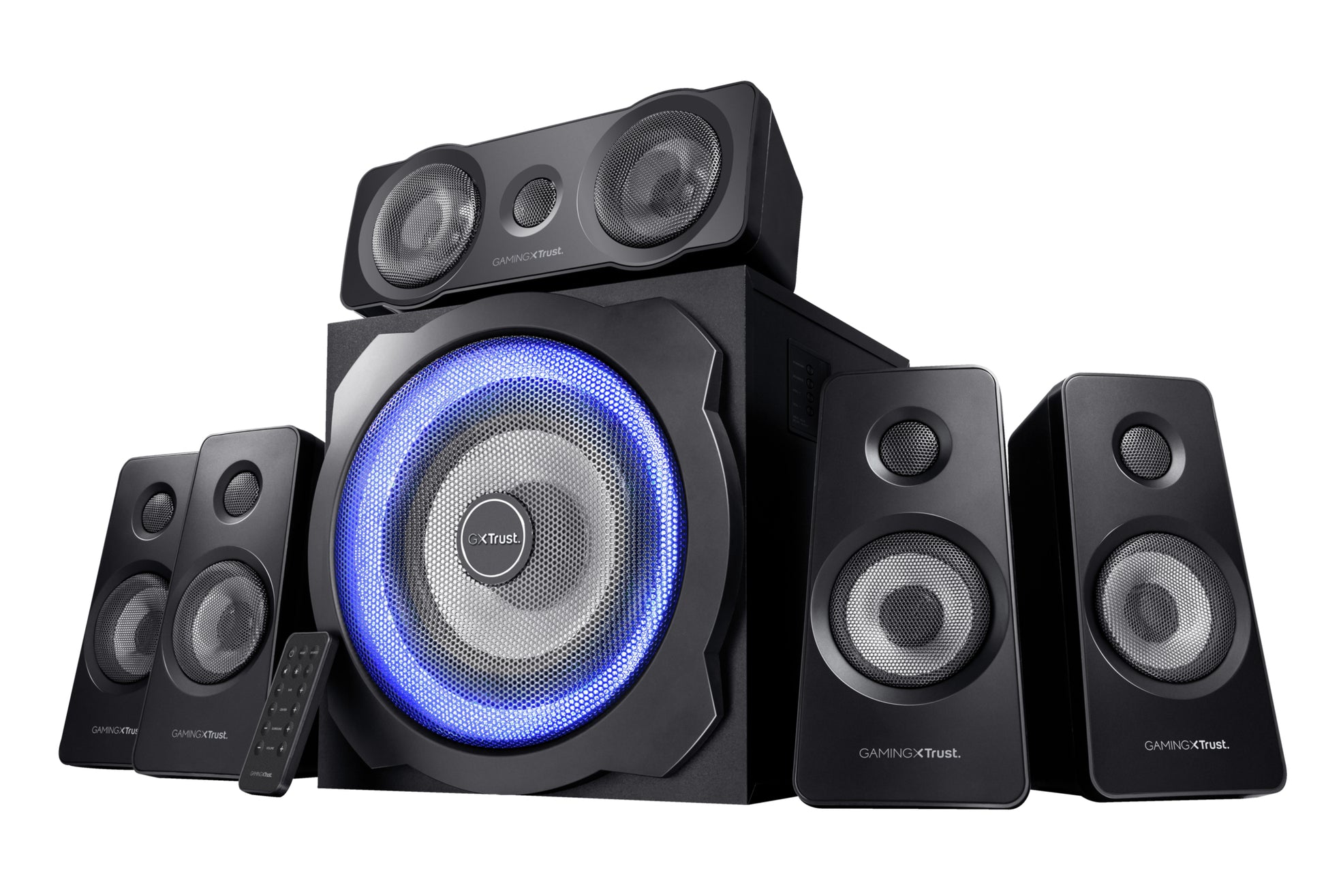 Trust GXT 658 Tytan – PC-Lautsprecher-Set – 5.1, 90 W, mit aktivem Subwoofer, 3,5 mm Klinke, Blau, Schwarz