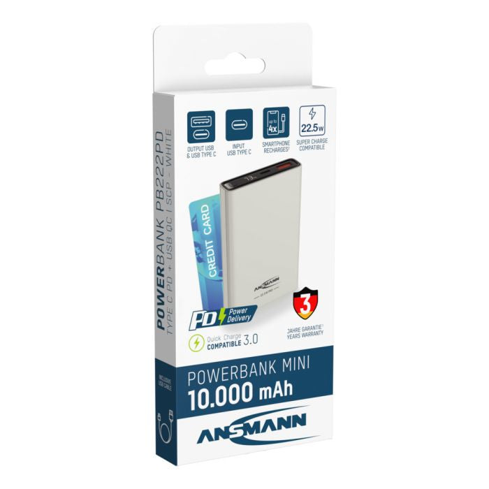 Ansmann PB320PD Powerbank 10'000 mAh – 22,5 W PD, 1× USB-C, 1× USB-A, weiss