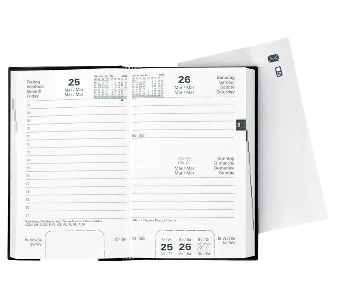 Biella Geschäftsagenda – 1 Tag pro Seite, gebunden, 10,1 × 16,0 cm, 2026, 1-Stunden-Takt, schwarz, FSC