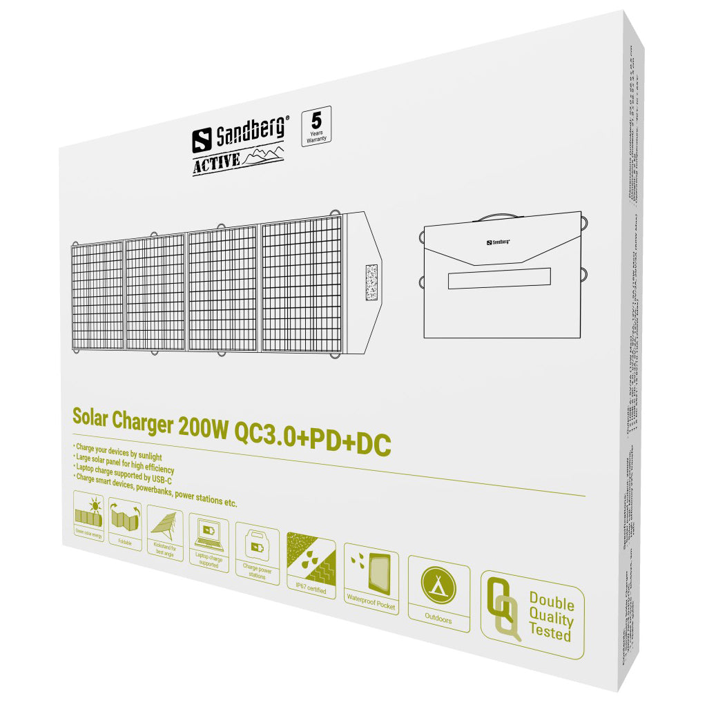 Sandberg 420-82 Solarpanel-Ladegerät 200 W – USB×3, PD, QC 3.0 – Monokristallines Silizium – Schwarz