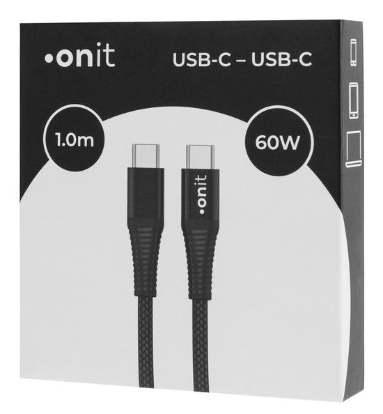ONIT USB-C auf USB-C Kabel – USB 3.2 Gen 1 (5 Gbit/s) – 1 m – PD 60 W – Textilmantel – Schwarz