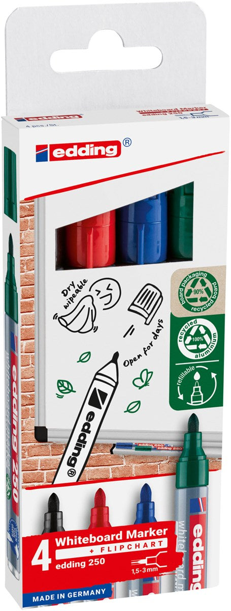 Edding Whiteboard-Marker 250 – Rundspitze 1,5-3 mm – Sortiert – 4er-Set – Trocken abwischbar
