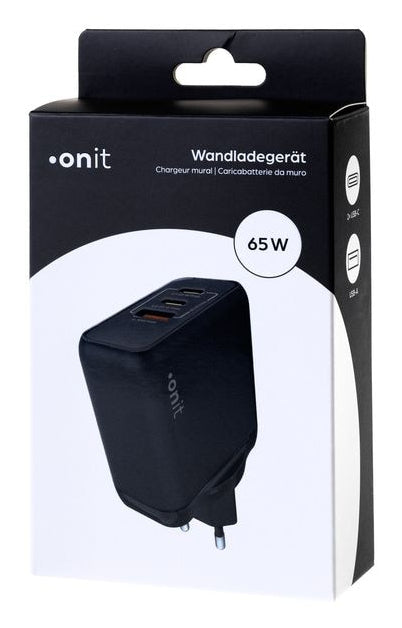 ONIT F02801 USB-Ladegerät 65 W – USB-C×2, USB-A×1 – PD 3.0, PPS, QC 3.0 – GaN, EU-Stecker (Typ C) – Schwarz