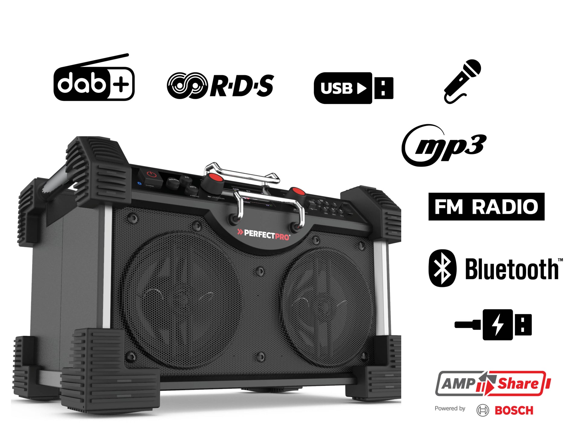 Perfectpro ROCKHART RH4-18V – Baustellenradio – DAB+, Bluetooth, IP44, Akkubetrieb – Schwarz