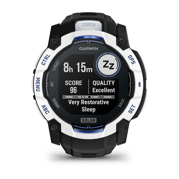 Garmin Instinct 3 50 mm GPS – faserverstärkter Kunststoff Weiss, Sportarmband, Dunkelblau, 100 m, für iPhone