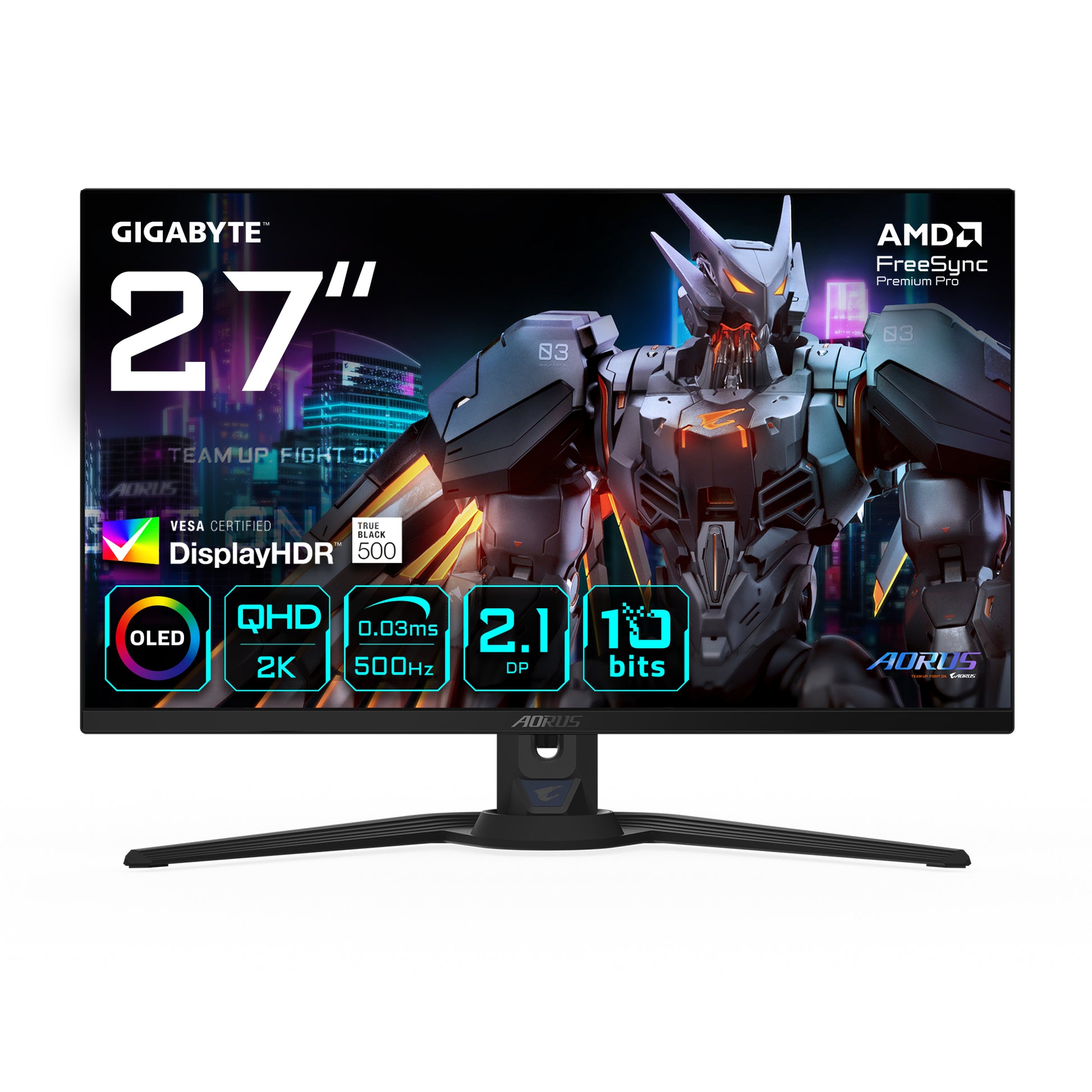 GIGABYTE AORUS FO27Q5P – 27", 2560 × 1440 (WQHD), OLED, 500 Hz, USB-C 18 W, KVM, DisplayHDR True Black 500