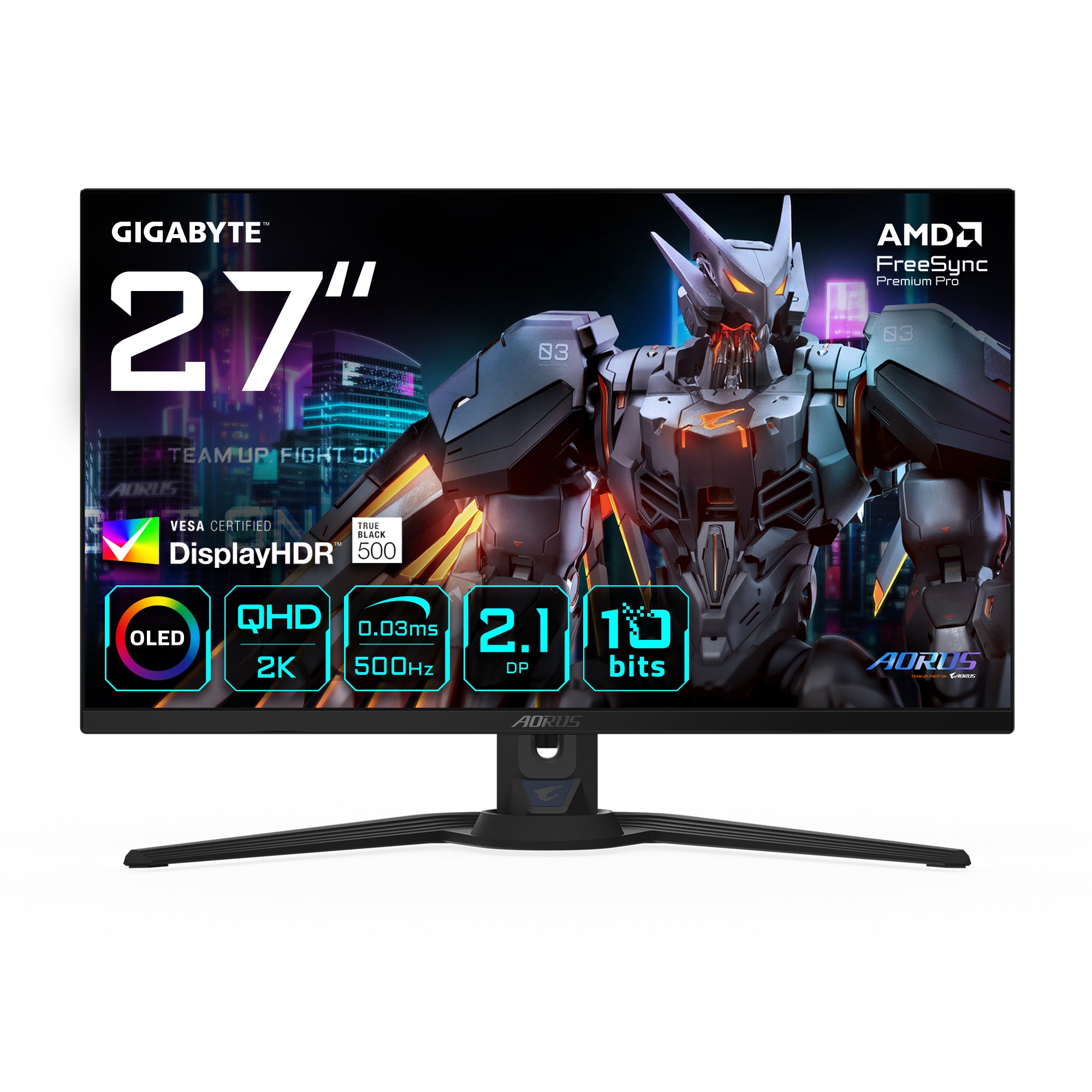 GIGABYTE AORUS FO27Q5P – 27", 2560 × 1440 (WQHD), OLED, 500 Hz, USB-C 18 W, KVM, DisplayHDR True Black 500