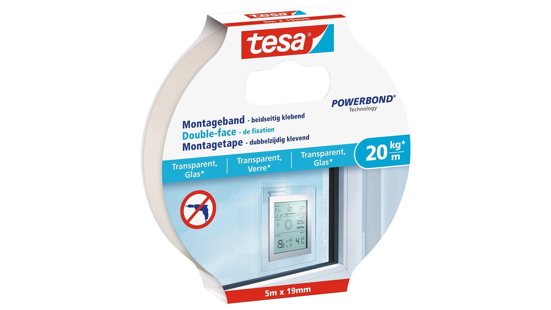 TESA Montageband – 19 mm × 5 m, transparent, für Glas/Acryl, Innen