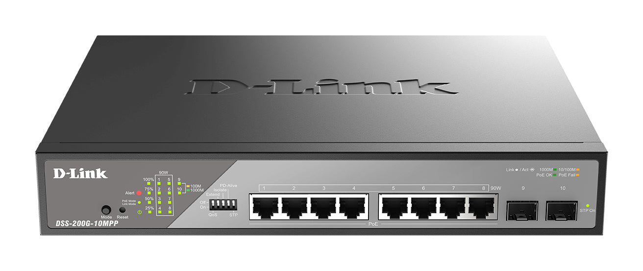 D-Link DSS-200G-10MPP/E – Managed Switch – 8×GbE, 2×SFP, L2, PoE++ 242 W, 1U