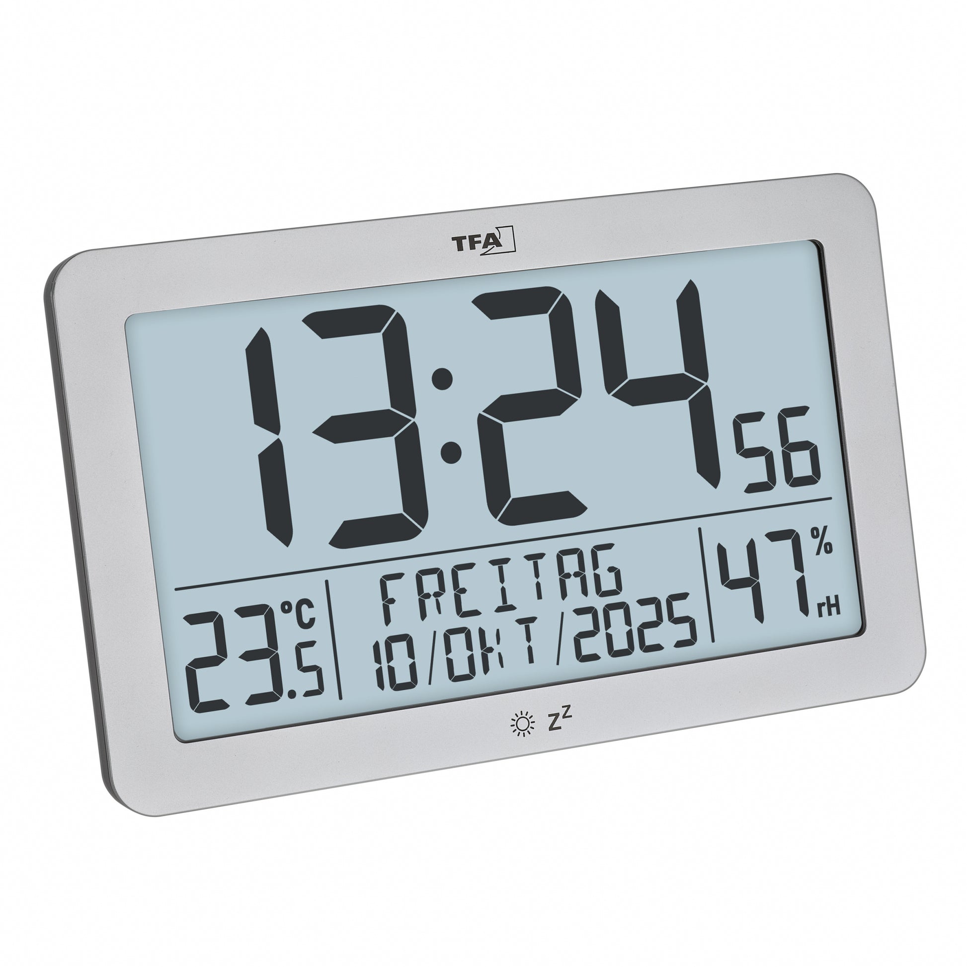 TFA-Dostmann TFA Dostmann Wanduhr – Digital, Funk, Thermometer, Hygrometer, Schlummerfunktion, Kalender, 20 × 12,4 × 6,3 cm, Silber