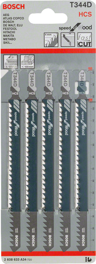 Bosch Professionelles Stichsägeblatt 152 mm HCS – Zahnteilung 4 mm – für Holz – 5 Stk