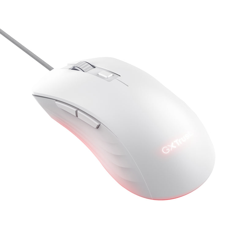 Trust GXT 924W YBAR+ Gaming-Maus – kabelgebunden, 1'000 Hz, 6 Tasten, für Rechtshänder, RGB-Beleuchtung, weiss