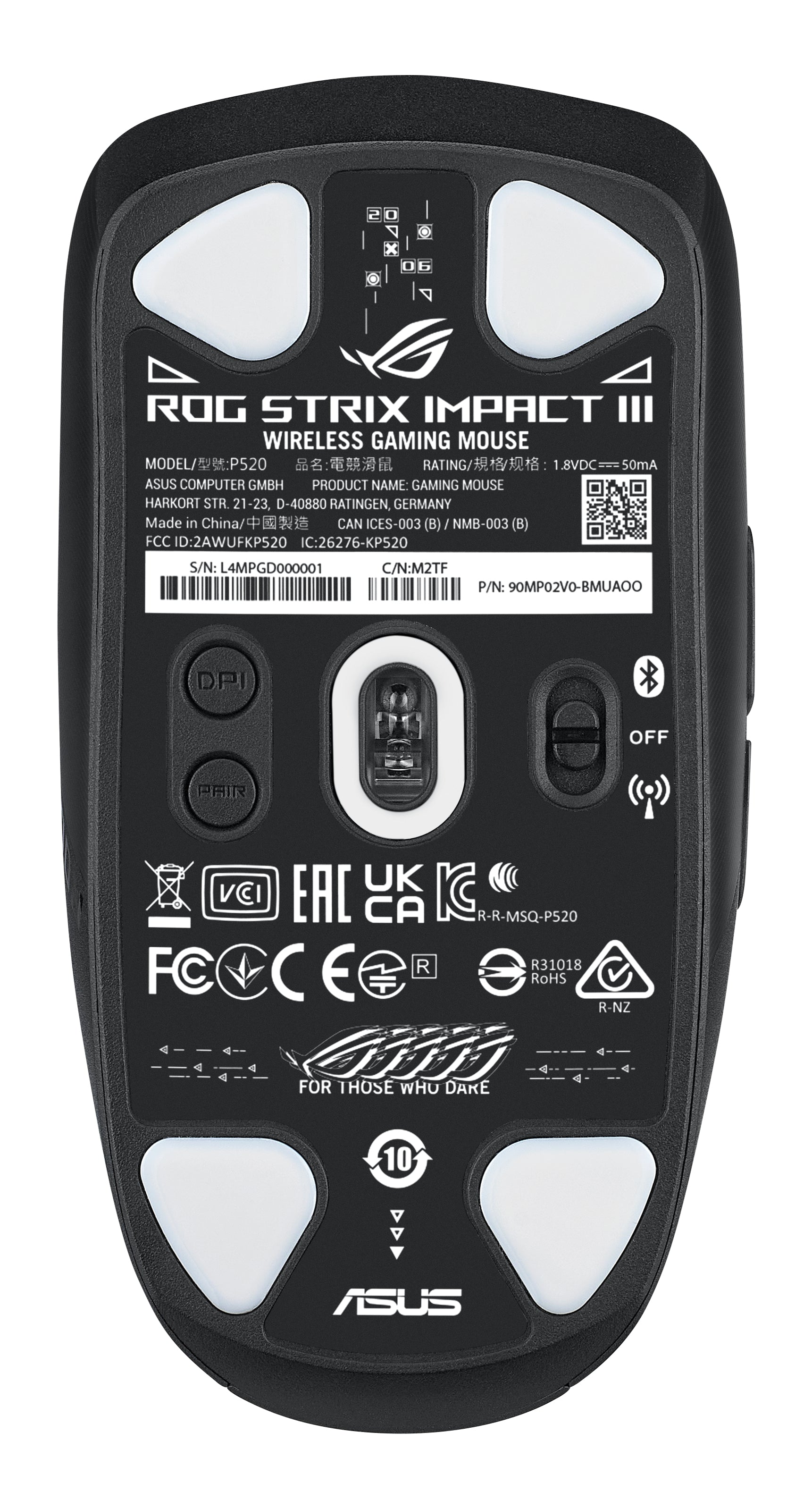 ASUS ROG Strix Impact III – Gaming-Maus – Kabellos (Bluetooth/2,4 GHz), 36000 DPI, beidhändig, Schwarz