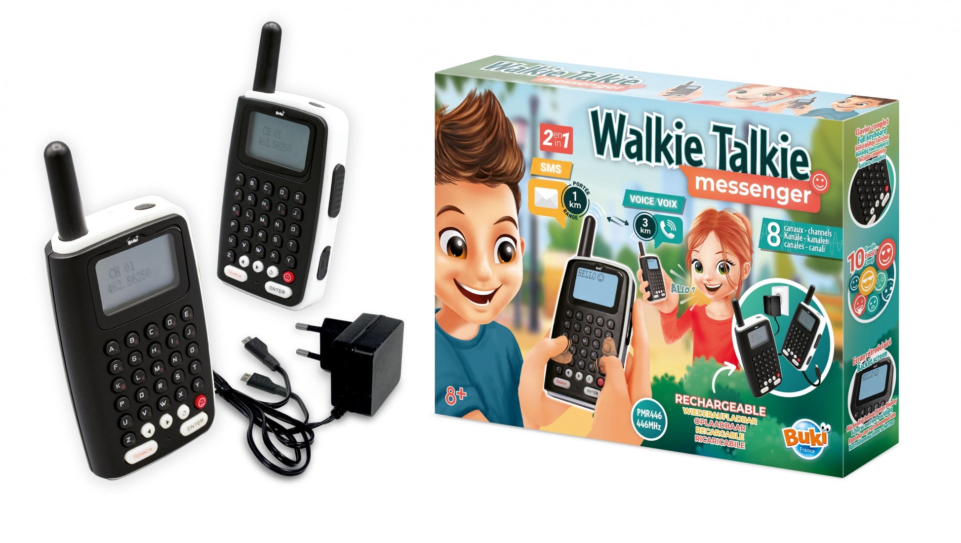 Buki Walkie-Talkie Messenger – wiederaufladbar, inkl. Akkus – 2 Stück – ab 7 Jahren – schwarz/weiss