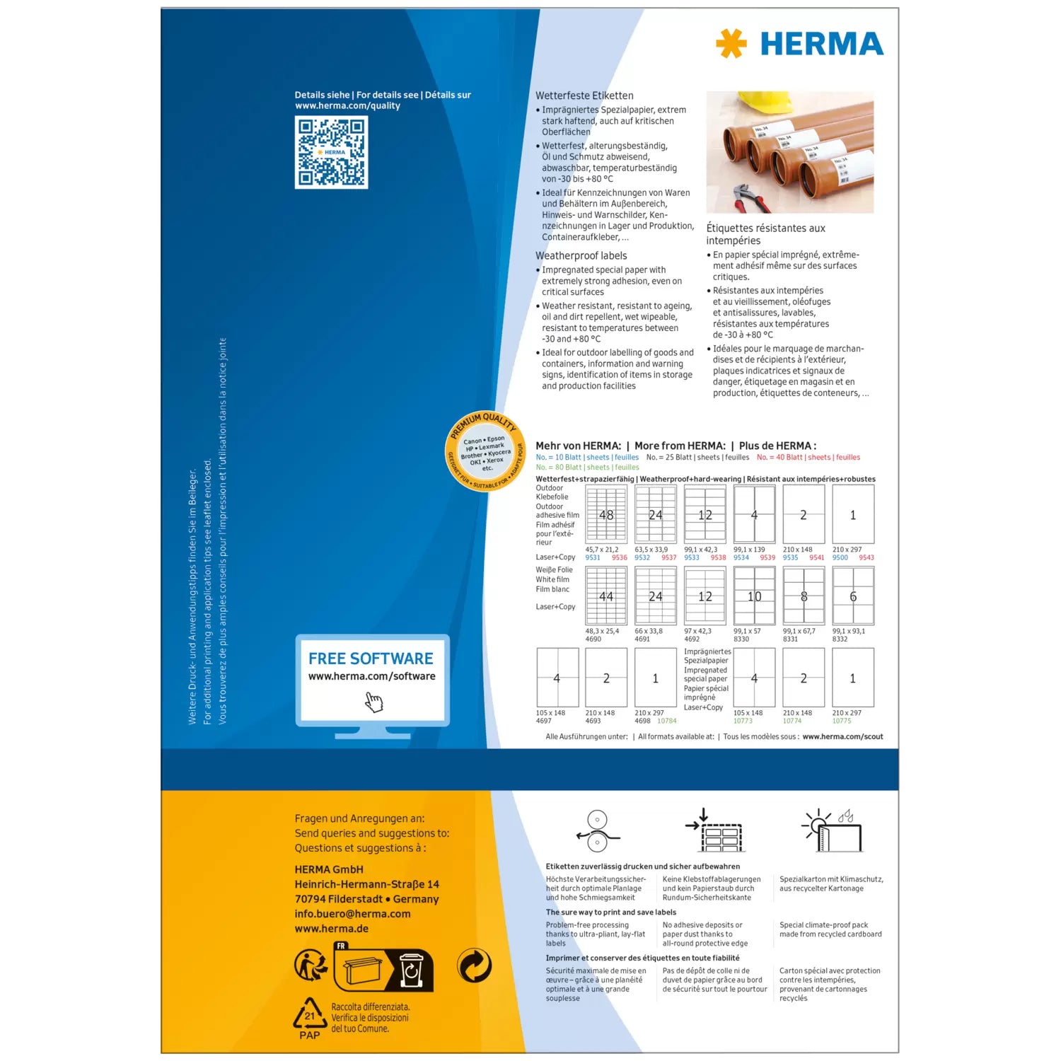 HERMA Druckeretiketten, 210 mm × 297 mm, weiss, Folie, extra stark, 80 Stück