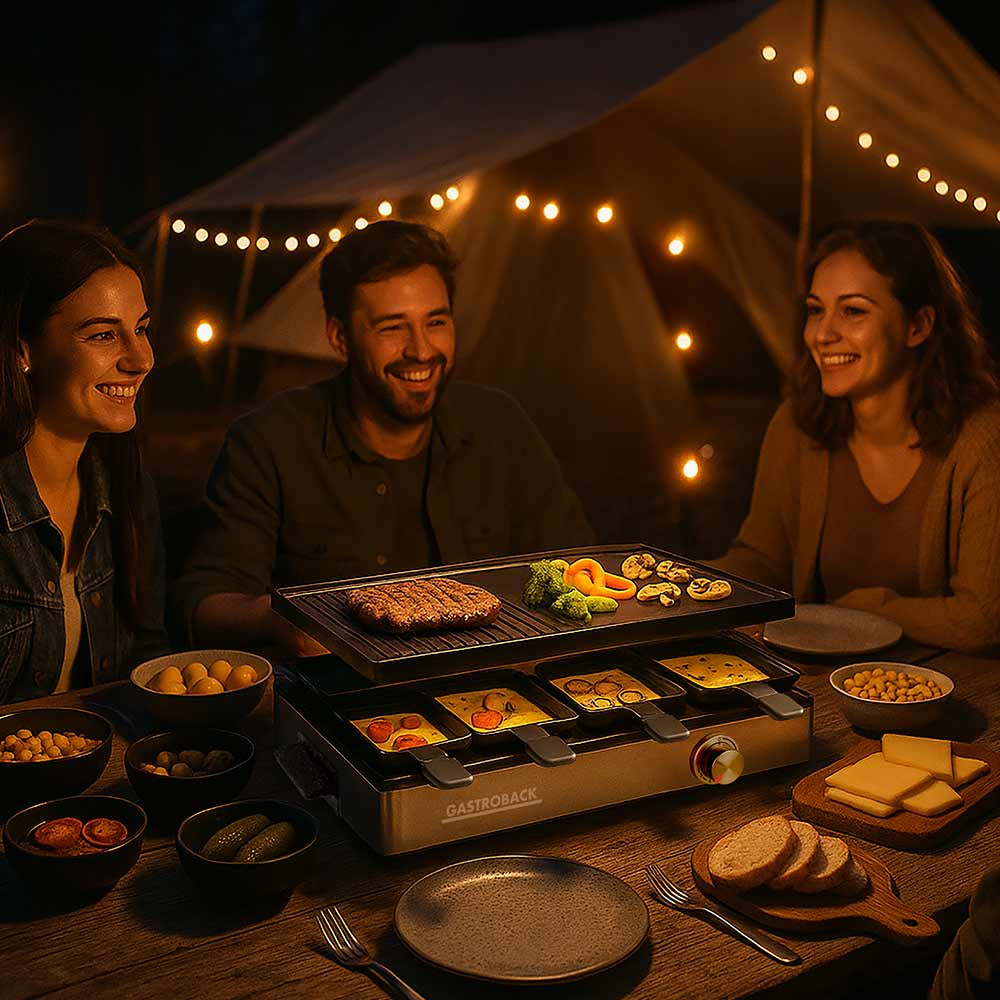 Gastroback Raclette 42563 – 8 Personen, 1700 W, 12 Pfännchen, Aluminiumguss – schwarz/edelstahl