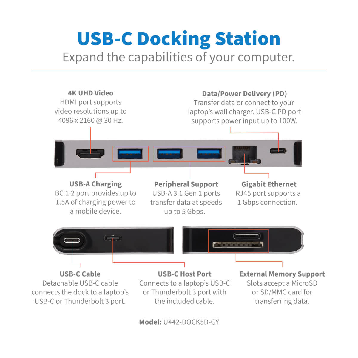 Tripp Lite U442-DOCK5D-GY Dockingstation – USB-C, 1× HDMI, 3× USB-A, 1× USB-C, 100 W PD, GbE, SD/microSD
