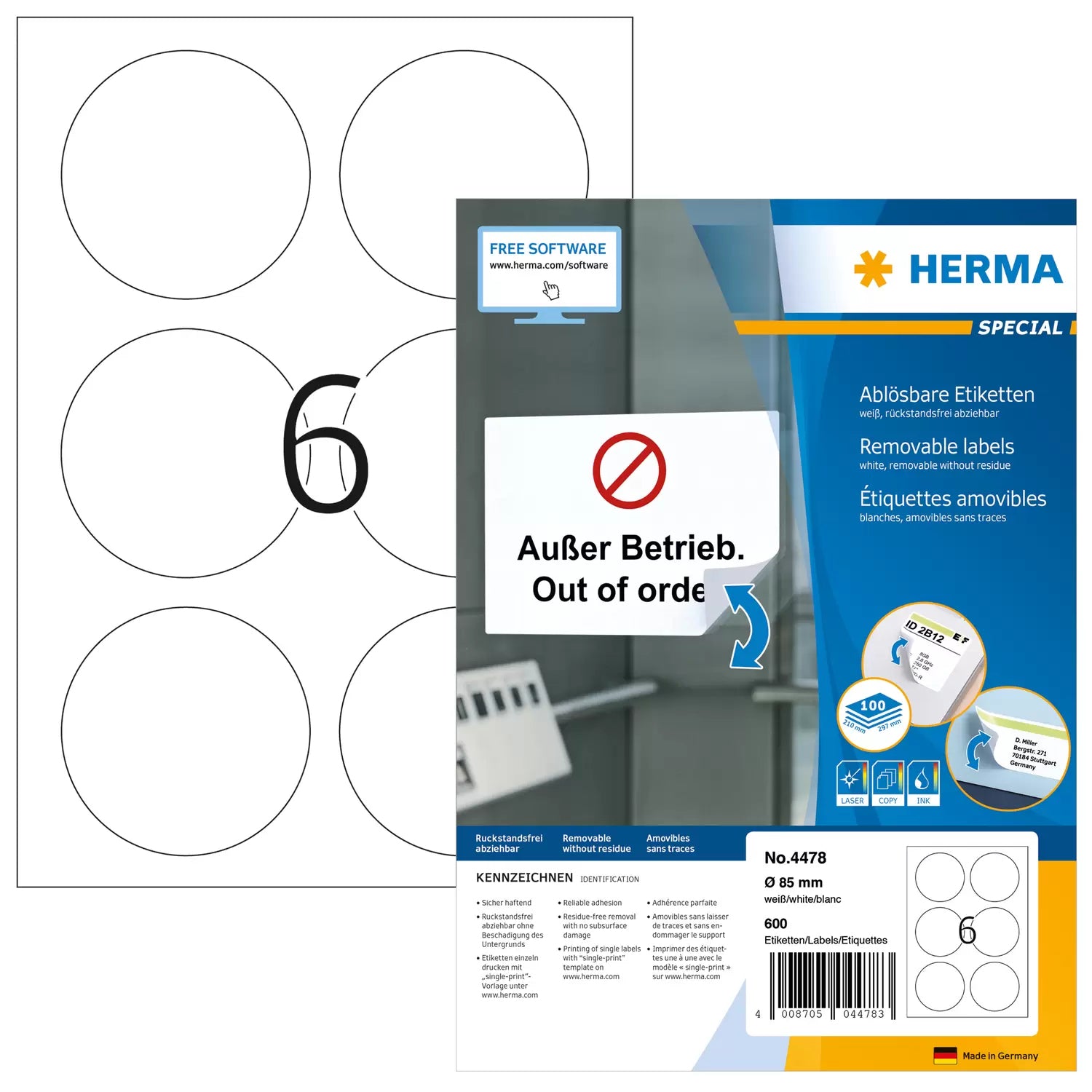 HERMA Druckeretiketten, Ø 85 mm, weiss, Papier, ablösbar, 600 Etiketten (100 Blatt)