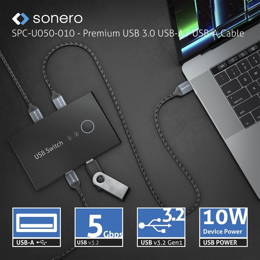 Sonero – USB-A auf USB-A Kabel – USB 3.2 Gen 1 (5 Gbit/s) – 3 m – Geflochten, Aluminiumstecker – Schwarz/Grau