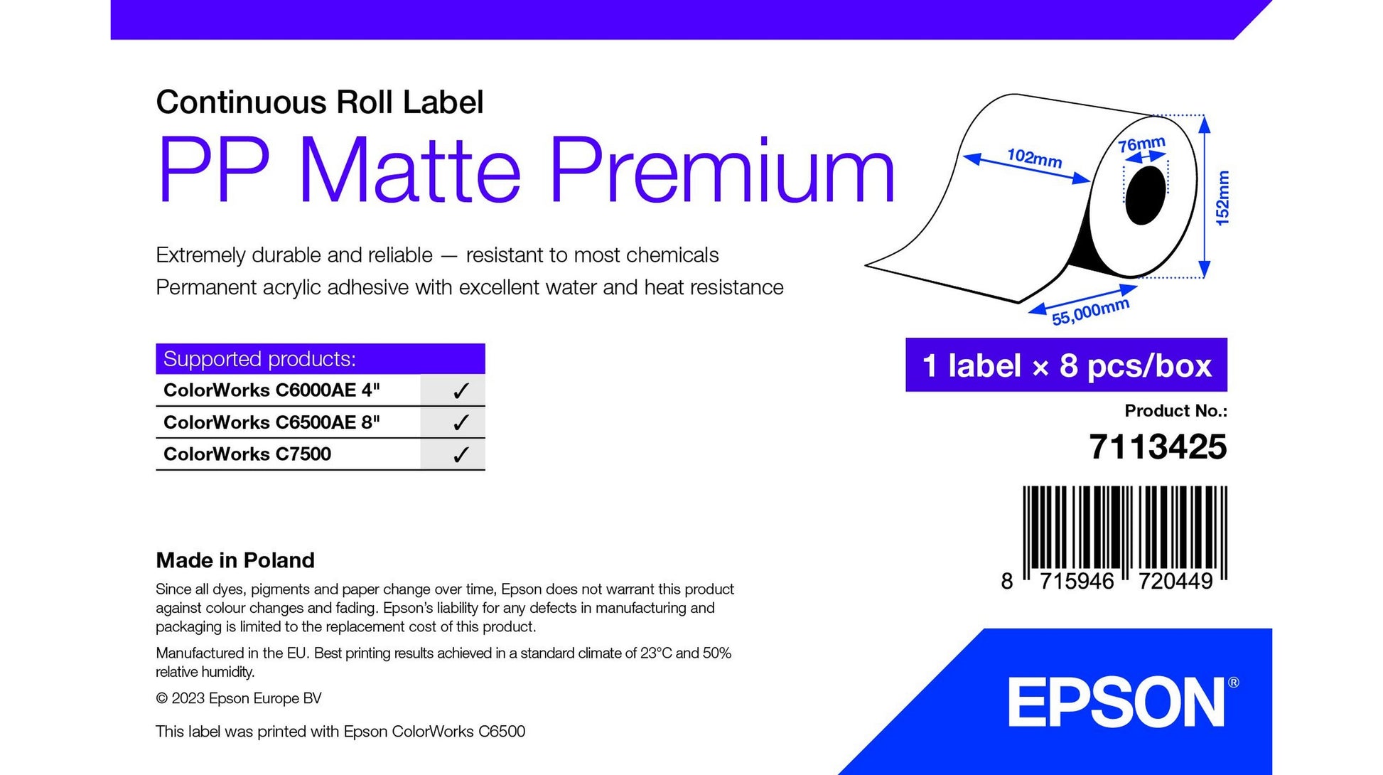 Epson Endlos-Etiketten 102 × 55 m – permanent haftend – Inkjet – für ColorWorks C6000AE/C6500AE/C7500