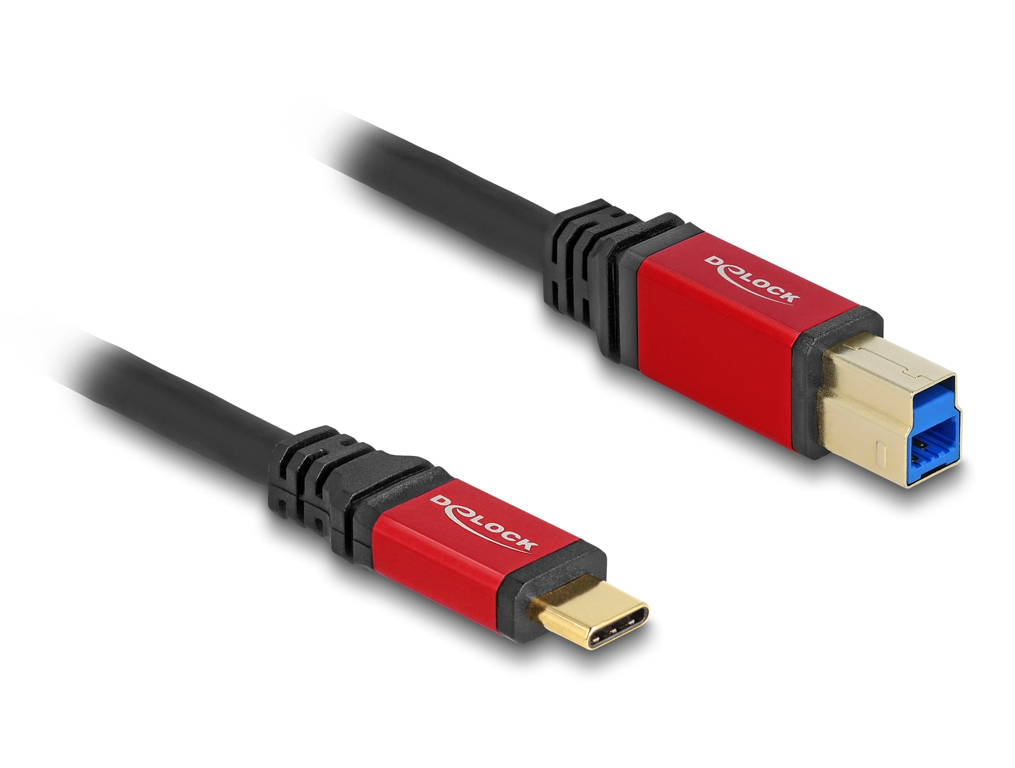 DeLOCK USB-C auf USB-B Kabel – USB 3.2 Gen 1 (5 Gbit/s) – 3 m – Goldstecker – Schwarz/Rot
