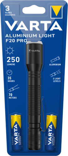 Varta Taschenlampe Aluminium Light F20 Pro – 250 lm, 70 m, Batteriebetrieb, 2× AA, 35 h Laufzeit – Silber