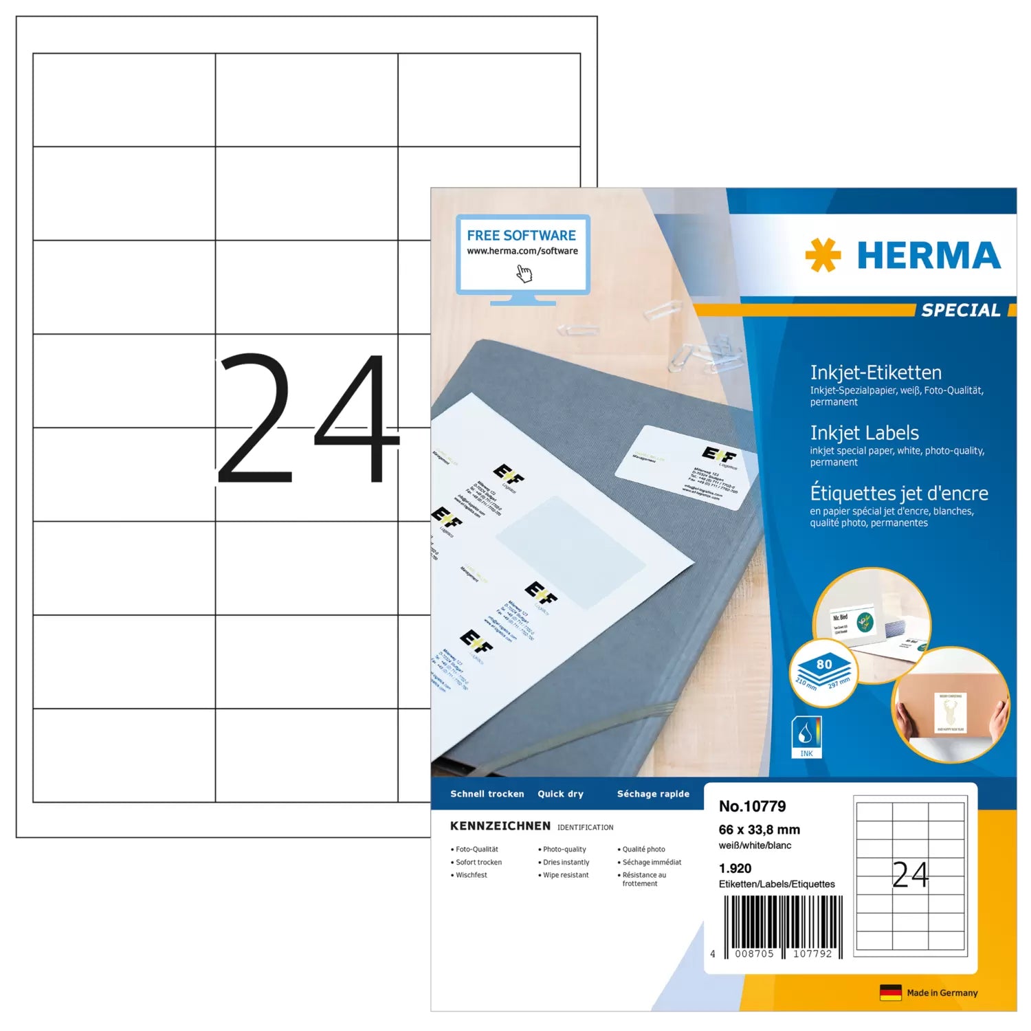 HERMA Gestanzte Etiketten, 66 mm × 34 mm, weiss, Spezialpapier, selbstklebend, 1920 Stk. (80 Blatt)