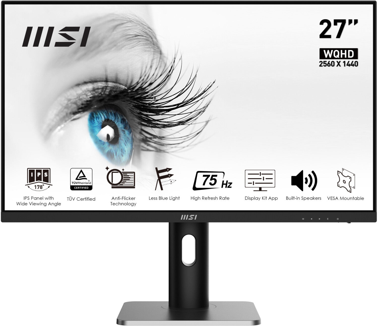 MSI PRO MP273QPDE E2 – Monitor, 27", 2560 × 1440 (WQHD), IPS, 100 Hz, 400 cd/m², VESA 75 × 75, Schwarz