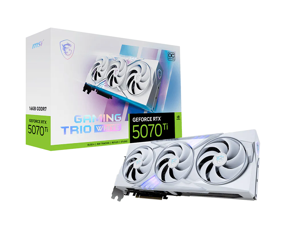 MSI GeForce RTX 5070 Ti GAMING TRIO OC WEISS – PCIe Grafikkarte – 3×DP, 1×HDMI, PCIe 5.0, 16 GB GDDR7, 338 mm