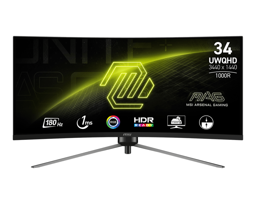MSI MAG 345CQRDE – Monitor, 34", 3440 × 1440, VA, 180 Hz, 300 cd/m², Gebogen, USB-C, VESA 100 × 100, Schwarz