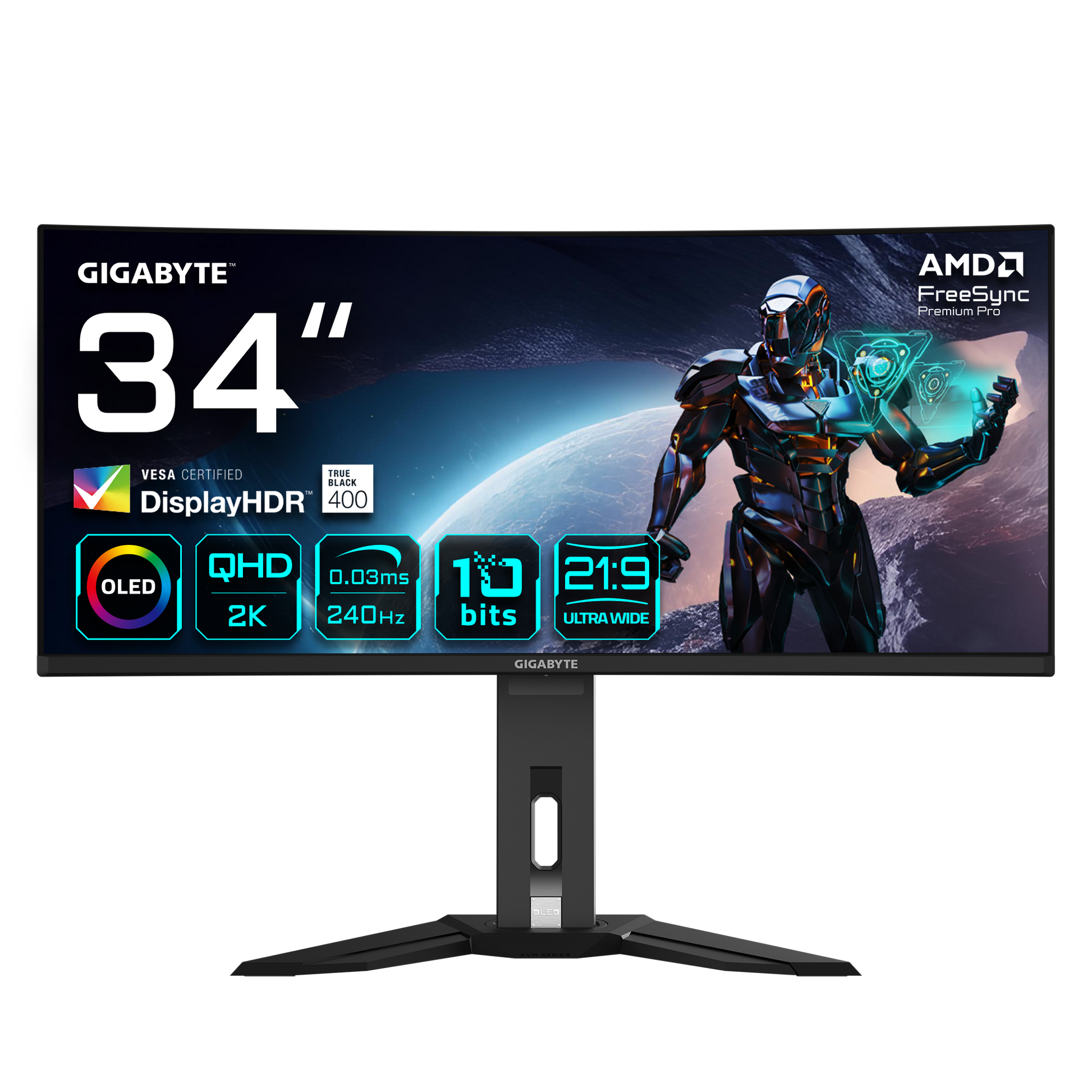 GIGABYTE MO34WQC2 – Monitor, 34", 3440 × 1440, OLED, 240 Hz, 250 cd/m², 2× HDMI 2.1, 1× DisplayPort 1.4, USB‑C
