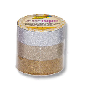 Folia Washi Tape Glitterfolie selbstklebend – mehrfarbig (Silber, Hellgold, Gold) – 15 mm × 5 m, 3er Set