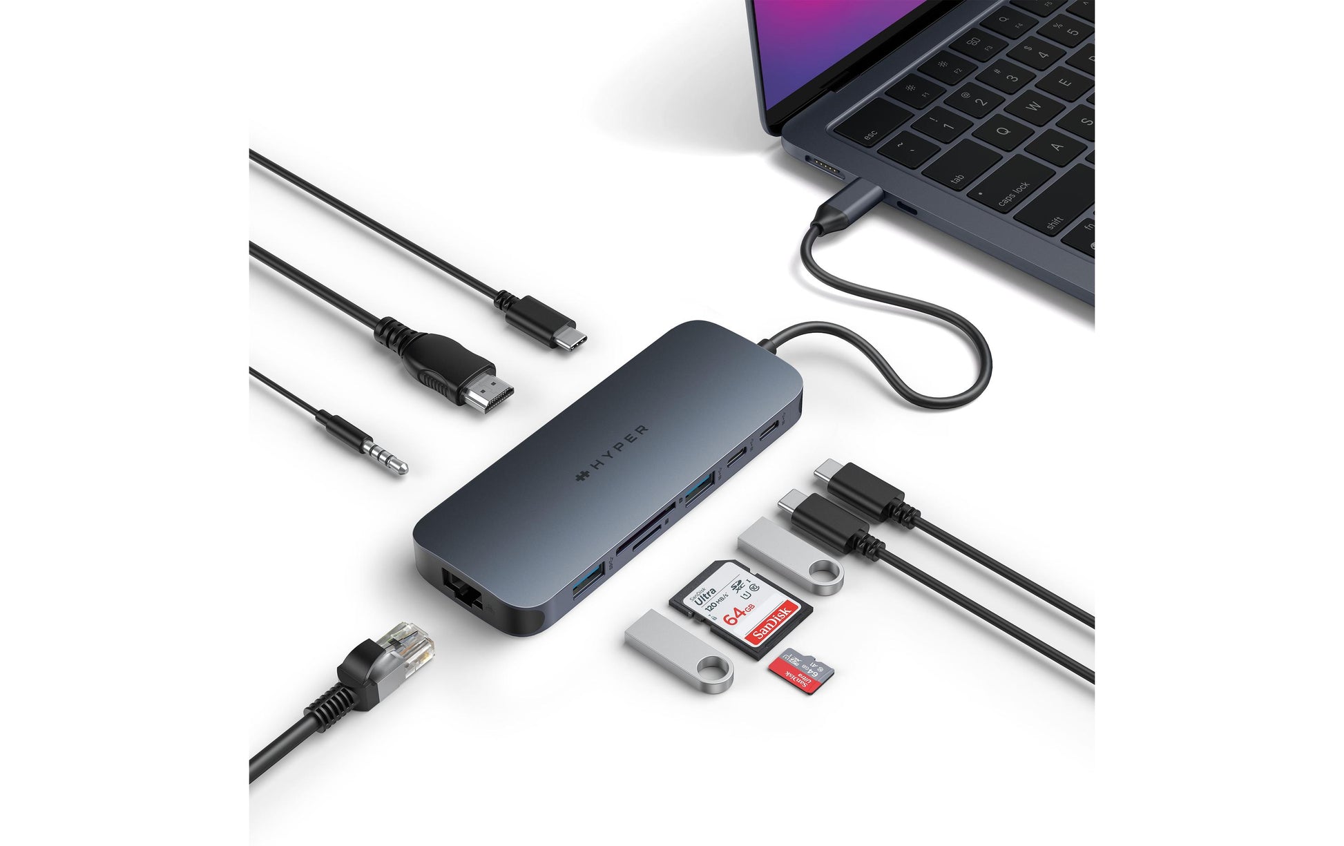 HYPER HD4005GL Multiport-Adapter – USB-C, DP/HDMI, 2× USB-A, 140 W PD, GbE, SD/microSD, 3,5 mm Audio