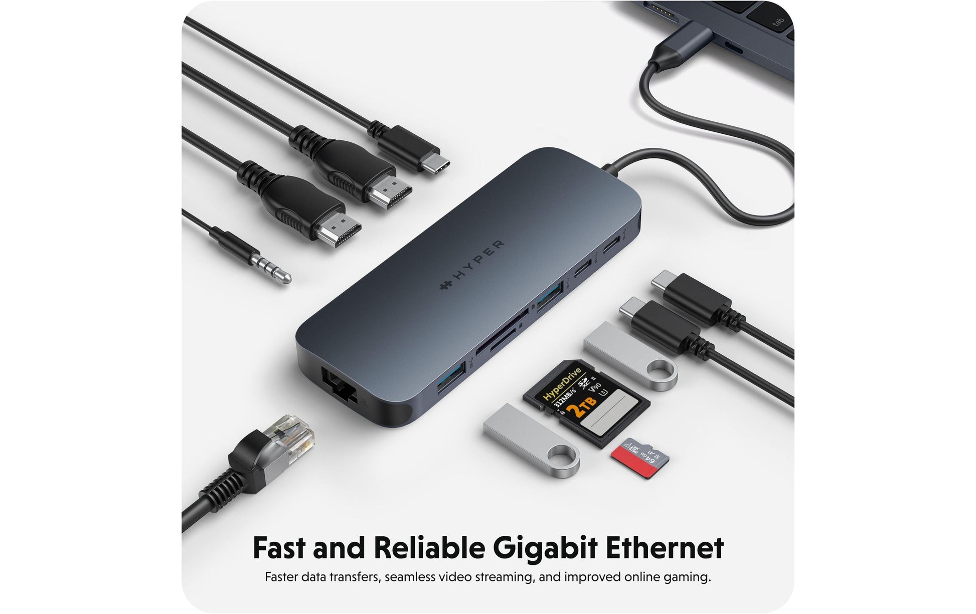 HYPER HD4006GL USB-Hub – USB-C, 2× HDMI, 2× USB-A, 3× USB-C, 140 W PD, GbE, für Windows/Mac/ChromeOS