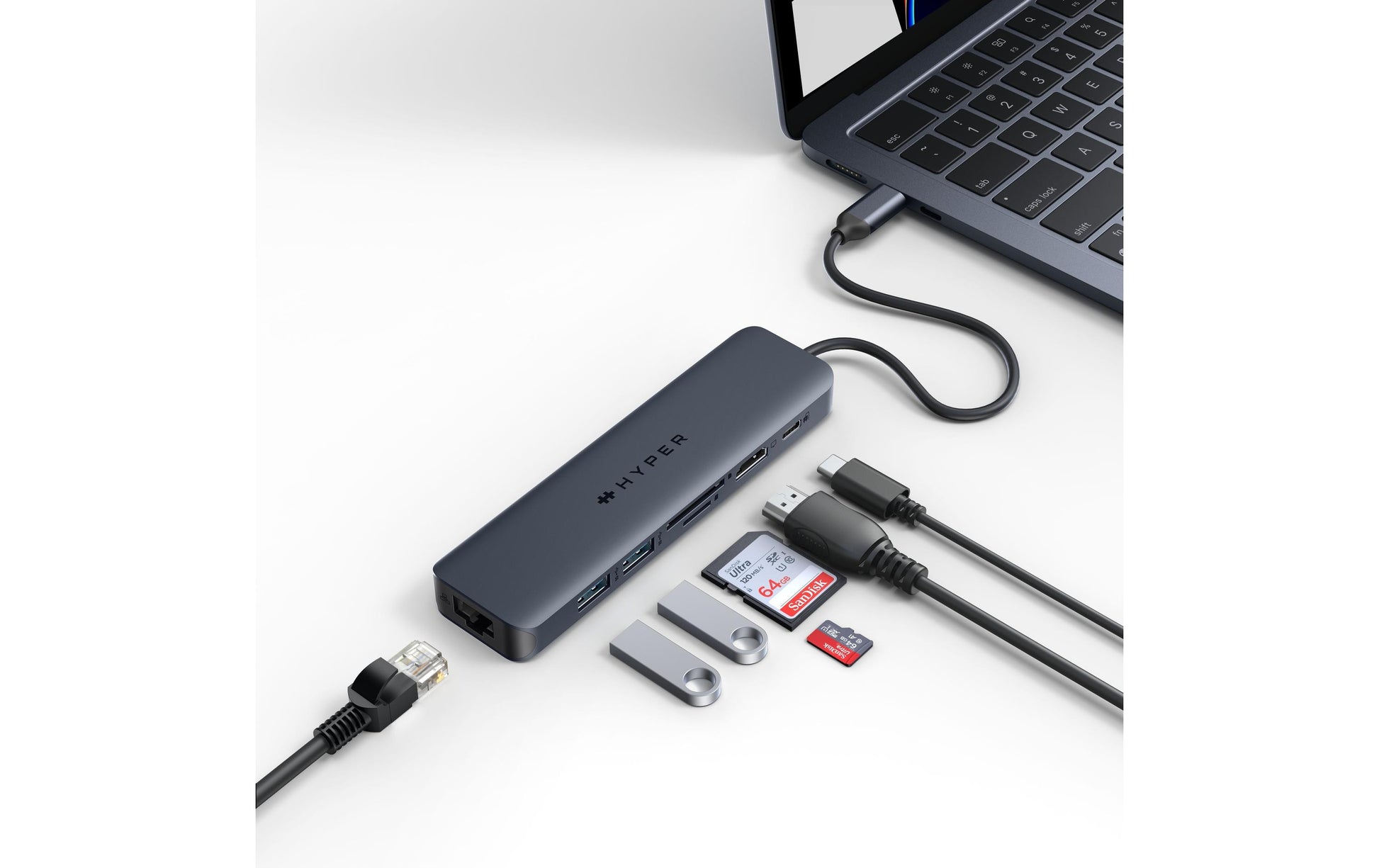 HYPER HD4003GL Multiport-Adapter – USB-C, 1× HDMI, 2× USB-A, 1× USB-C, 100 W PD, GbE, SD/microSD
